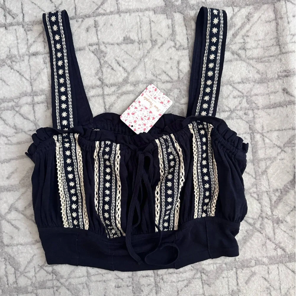 Free People Hill Top Crop Tank Navy Combo Boho Knit Cropped Top NWT - Picture 5 of 5